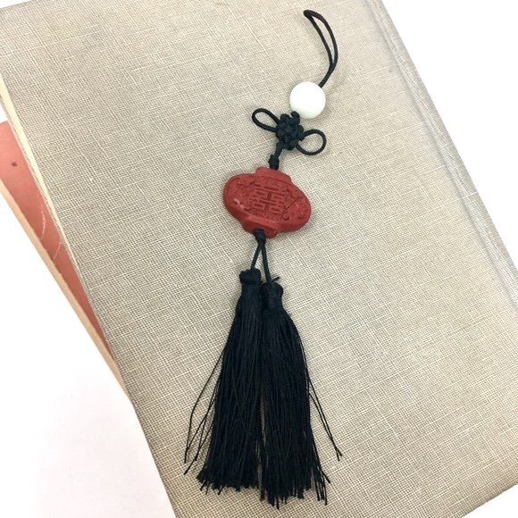 Mini Chinese Knot Red Cinnabar Bead Black Tassel Hanging Pendant Charm - Picture 6 of 16